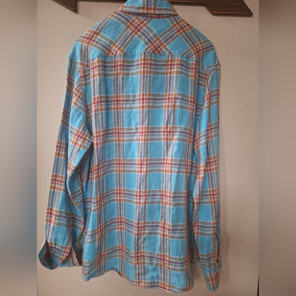 Bugatchi 100% Linen Button Down Shirt Shaped Fit Blue Plaid Flip Cuff Mens XL - Picture 6 of 6